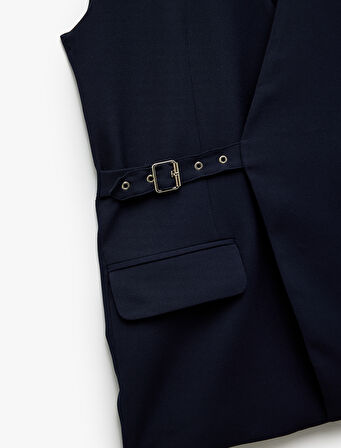 Kolsuz Cepli Yarım Kemer Detaylı Kruvaze Uzun Yelek