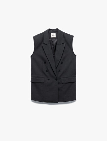 Astarlı Cepli Kruvaze Düğmeli Kolsuz Uzun Blazer Yelek