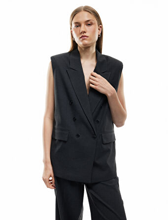 Astarlı Cepli Kruvaze Düğmeli Kolsuz Uzun Blazer Yelek