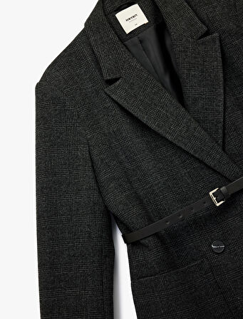 Uzun Kollu Cepli Kruvaze Kemerli Ekose Blazer Ceket