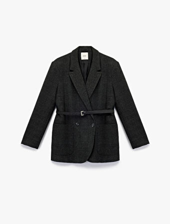 Uzun Kollu Cepli Kruvaze Kemerli Ekose Blazer Ceket