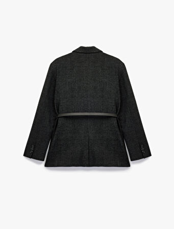 Uzun Kollu Cepli Kruvaze Kemerli Ekose Blazer Ceket
