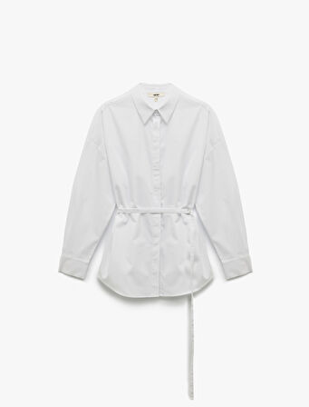 Pamuklu Klasik Yaka Kemer Detaylı Uzun Kollu Poplin Gömlek