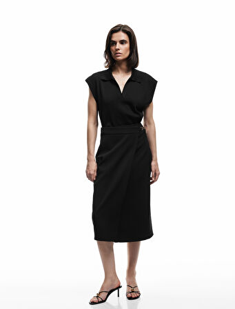 Metal Aksesuar Detaylı Midi Kruvaze Kalem Etek