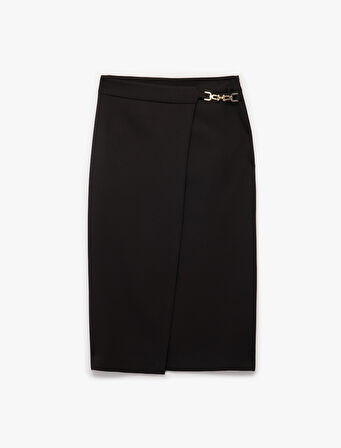 Metal Aksesuar Detaylı Midi Kruvaze Kalem Etek