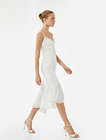 Kalp Yaka Askılı Tüllü Dantelli Asimetrik Abiye Elbise