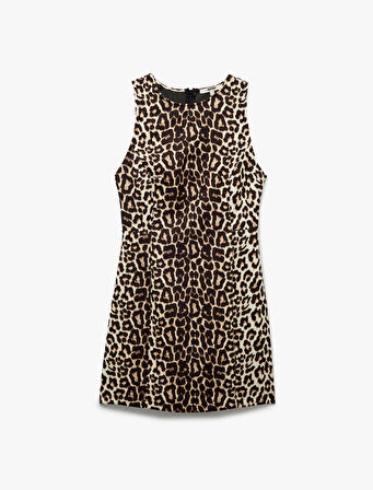 Kolsuz Slim Fit A Kesim Bisiklet Yaka Leopar Desenli Mini Elbise