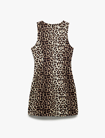 Kolsuz Slim Fit A Kesim Bisiklet Yaka Leopar Desenli Mini Elbise