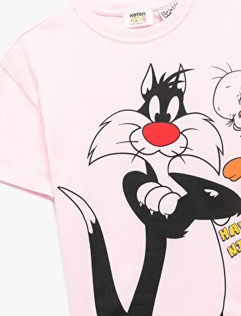 Lisanslı Tweety ve Sylvester Baskılı Kısa Kollu Bisiklet Yaka Pamuklu Tişört