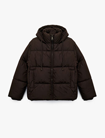 Uzun Kollu Cepli Fermuarlı Su İtici Kapüşonlu Anorak Şişme Mont