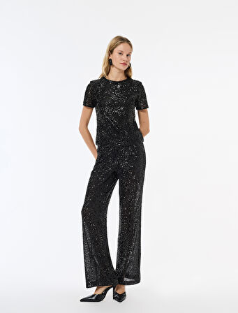 Slim Fit Pullu Payetli İspanyol Paça Abiye Pantolon