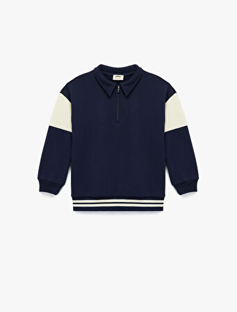 Şardonlu Uzun Kollu Fermuar Detaylı Polo Yaka Sweatshirt