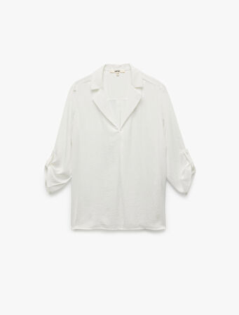 Ceket Yaka Katlama Detaylı 3/4 Kollu Saten Bluz