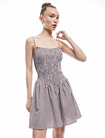 Gipeli U Yaka Pötikareli Askılı Mini Elbise