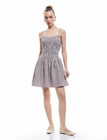 Gipeli U Yaka Pötikareli Askılı Mini Elbise