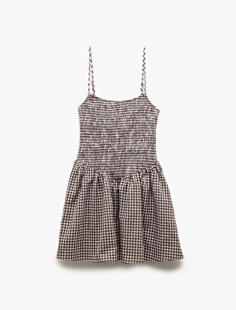 Gipeli U Yaka Pötikareli Askılı Mini Elbise