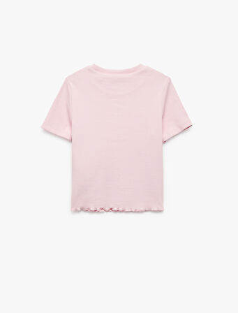 Pamuklu Kalp Detaylı Kısa Kollu Bisiklet Yaka Basic Crop Tişört