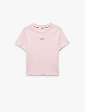 Pamuklu Kalp Detaylı Kısa Kollu Bisiklet Yaka Basic Crop Tişört