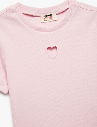 Pamuklu Kalp Detaylı Kısa Kollu Bisiklet Yaka Basic Crop Tişört