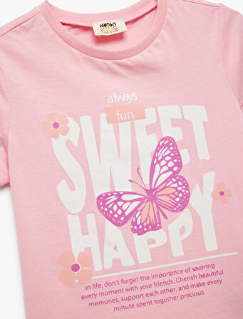 Kelebek Baskılı Bisiklet Yaka Pamuklu Kısa Kollu Tişört