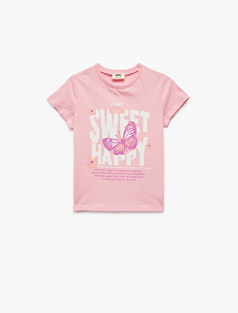 Kelebek Baskılı Bisiklet Yaka Pamuklu Kısa Kollu Tişört