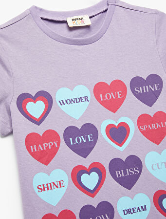 Pamuklu Kalp Baskılı Bisiklet Yaka Kısa Kollu Tişört