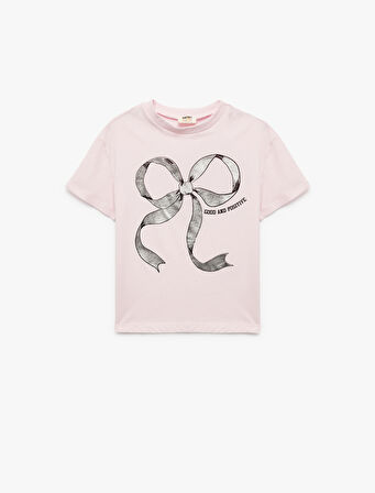 Pamuklu Fiyonk Baskılı Bisiklet Yaka Kısa Kollu Tişört