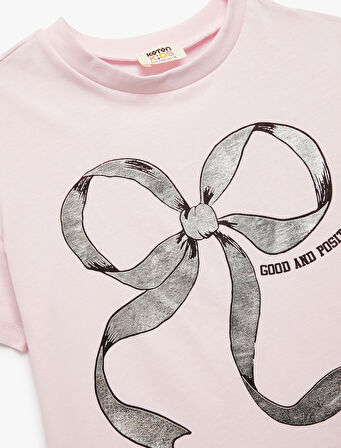 Pamuklu Fiyonk Baskılı Bisiklet Yaka Kısa Kollu Tişört