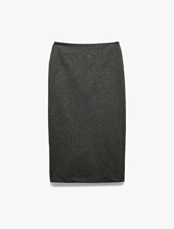 Parıltılı Metalik İplik Detaylı Slim Fit Yırtmaç Detaylı Midi Boy Kalem Etek