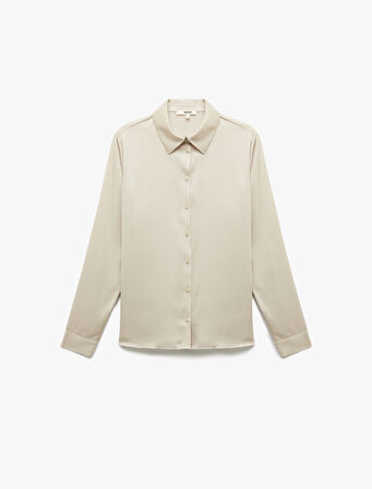 Klasik Yaka Düğmeli Uzun Kollu Saten Gömlek