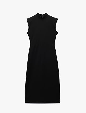 Scuba Krep Kumaş Slim Fit Dik Yaka Midi Boy Kolsuz Elbise