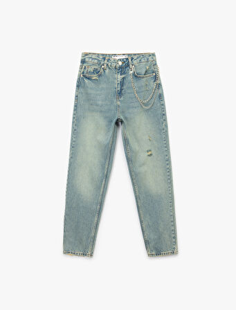 Yüksek Bel Rahat Kalıp Yıpratılmış Zincir Detaylı Mom Jean Pantolon - Mom Slim Jean