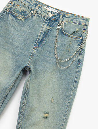 Yüksek Bel Rahat Kalıp Yıpratılmış Zincir Detaylı Mom Jean Pantolon - Mom Slim Jean