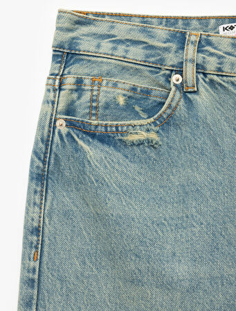 Yüksek Bel Rahat Kalıp Yıpratılmış Zincir Detaylı Mom Jean Pantolon - Mom Slim Jean