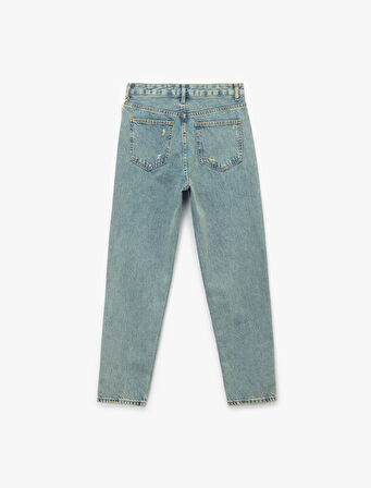 Yüksek Bel Rahat Kalıp Yıpratılmış Zincir Detaylı Mom Jean Pantolon - Mom Slim Jean