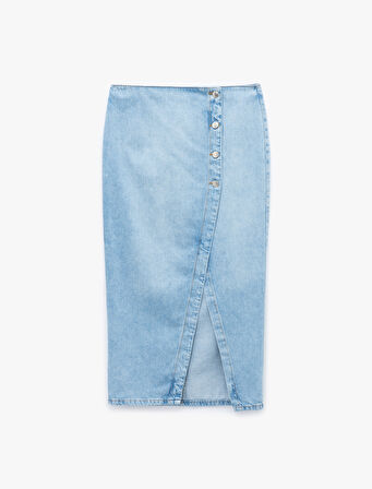 Düğme Detaylı Yırtmaçlı Normal Bel Slim Fit Midi Denim Kalem Etek