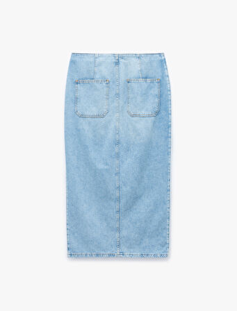 Düğme Detaylı Yırtmaçlı Normal Bel Slim Fit Midi Denim Kalem Etek