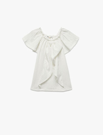 Bürümcük Kumaş Fiyonklu Omzu Açık Fırfırlı Kısa Kollu Bluz