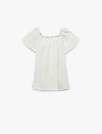 Bürümcük Kumaş Fiyonklu Omzu Açık Fırfırlı Kısa Kollu Bluz