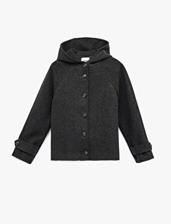 Düğmeli Cepli Uzun Kollu Kısa Kapüşonlu Kaşe Mont