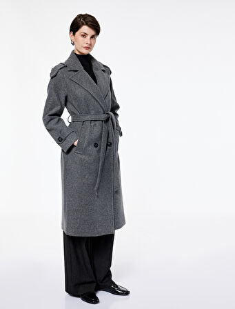 Cepli Uzun Kollu Kruvaze Kemerli Uzun Kaşe Kaban