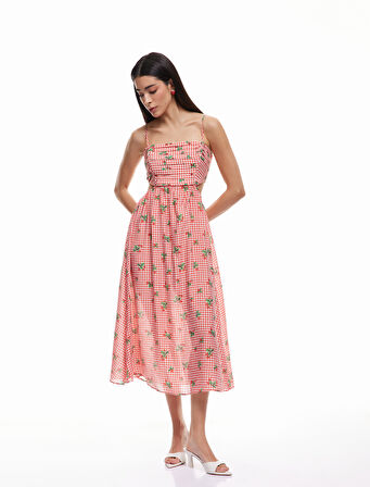 Viskon Astarlı Pencere Detaylı Pötikareli Çilek Baskılı İnce Askılı Elbise