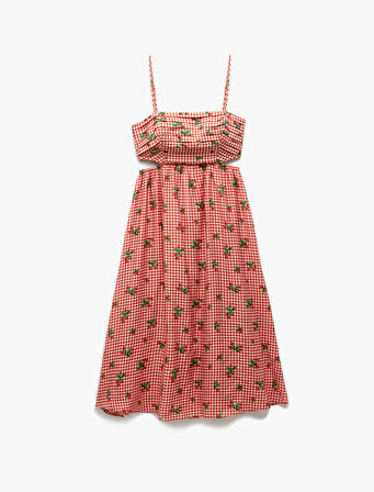 Viskon Astarlı Pencere Detaylı Pötikareli Çilek Baskılı İnce Askılı Elbise