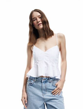 Volanlı V Yaka Pamuklu Askılı Slim Fit Dikiş Detaylı Crop Bluz