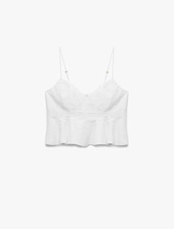 Volanlı V Yaka Pamuklu Askılı Slim Fit Dikiş Detaylı Crop Bluz