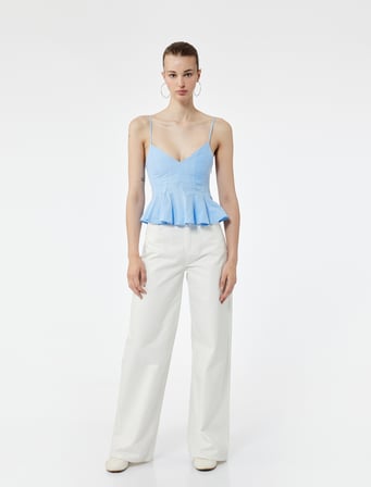 Volanlı V Yaka Pamuklu Askılı Slim Fit Dikiş Detaylı Crop Bluz