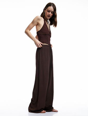 Beli Bağcıklı Rahat Kalıplı Keten Karışımlı Geniş Paça Pantolon