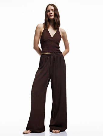 Beli Bağcıklı Rahat Kalıplı Keten Karışımlı Geniş Paça Pantolon