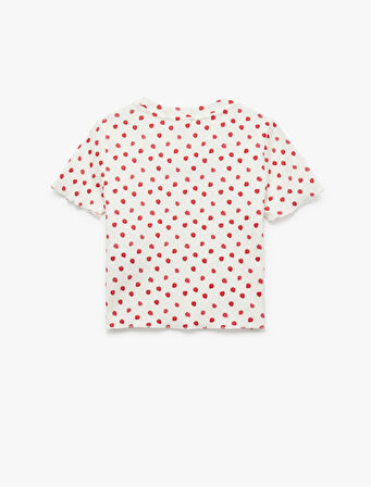 Pamuklu Nakış Detaylı Çilek Baskılı Dar Kalıp Bisiklet Yaka Kısa Kollu Tişört