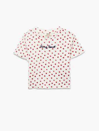 Pamuklu Nakış Detaylı Çilek Baskılı Dar Kalıp Bisiklet Yaka Kısa Kollu Tişört